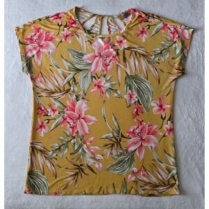 Lavish Blouse Women Medium‎ Mustard Yellow Tropical Floral Cutout Neckline